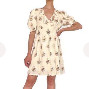 Reiss Olive Print Ruffle Dress Cream Mini Dress Size 4 Feminine Cottagecore